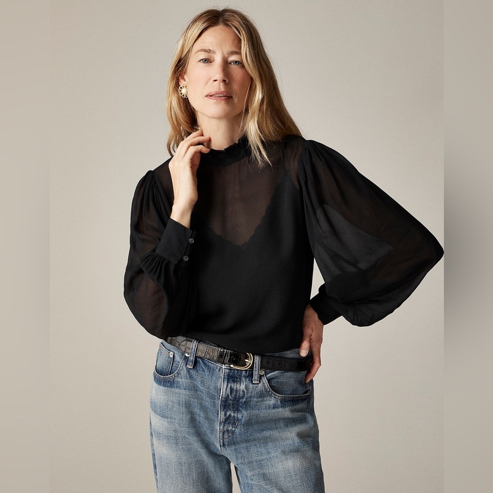 J.Crew Black CF438 Ruffleneck top in chiffon Size M